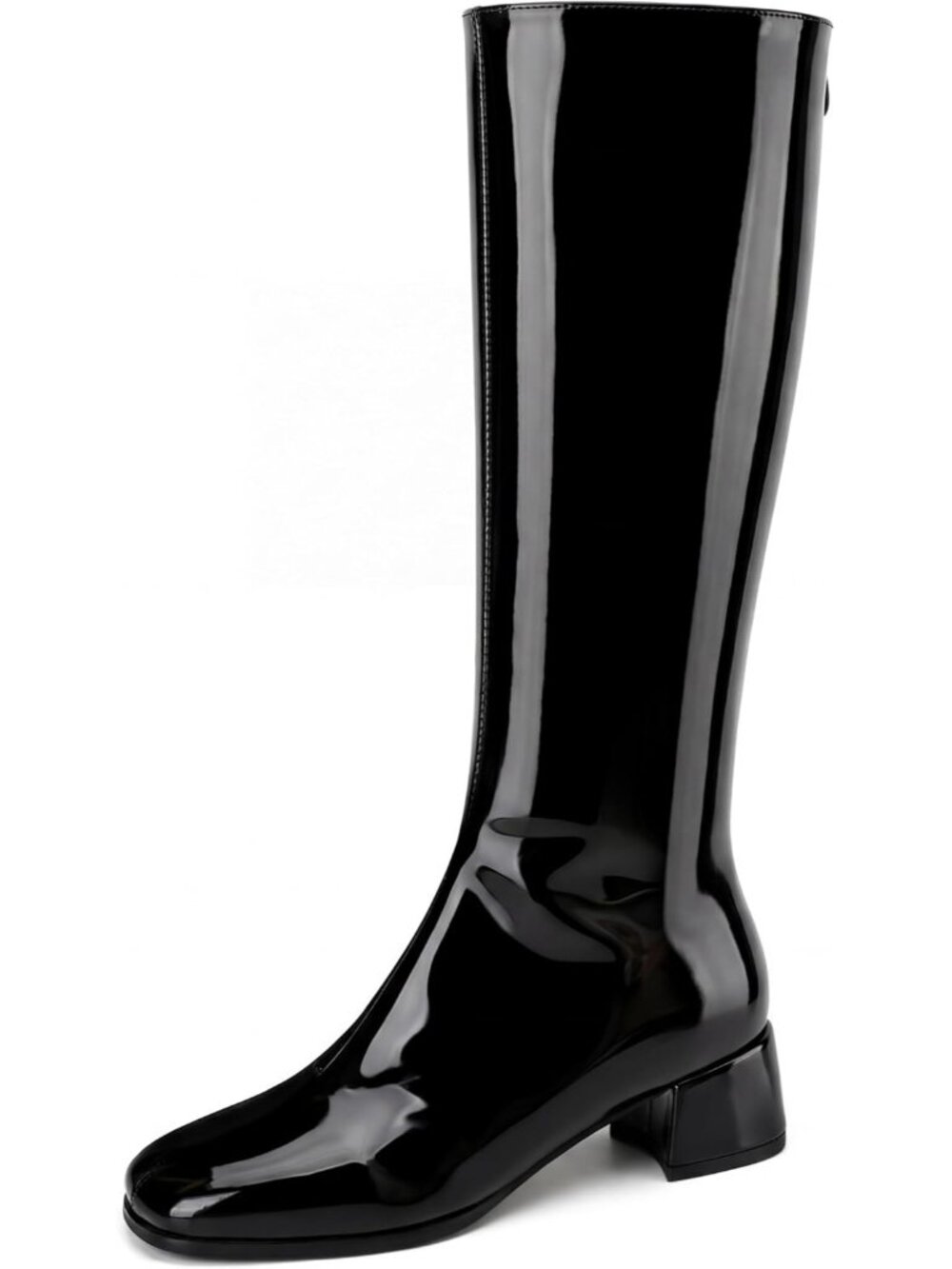 Women's Black Chunky Low Heel Square Toe Full Back Zipper Knee High Boots